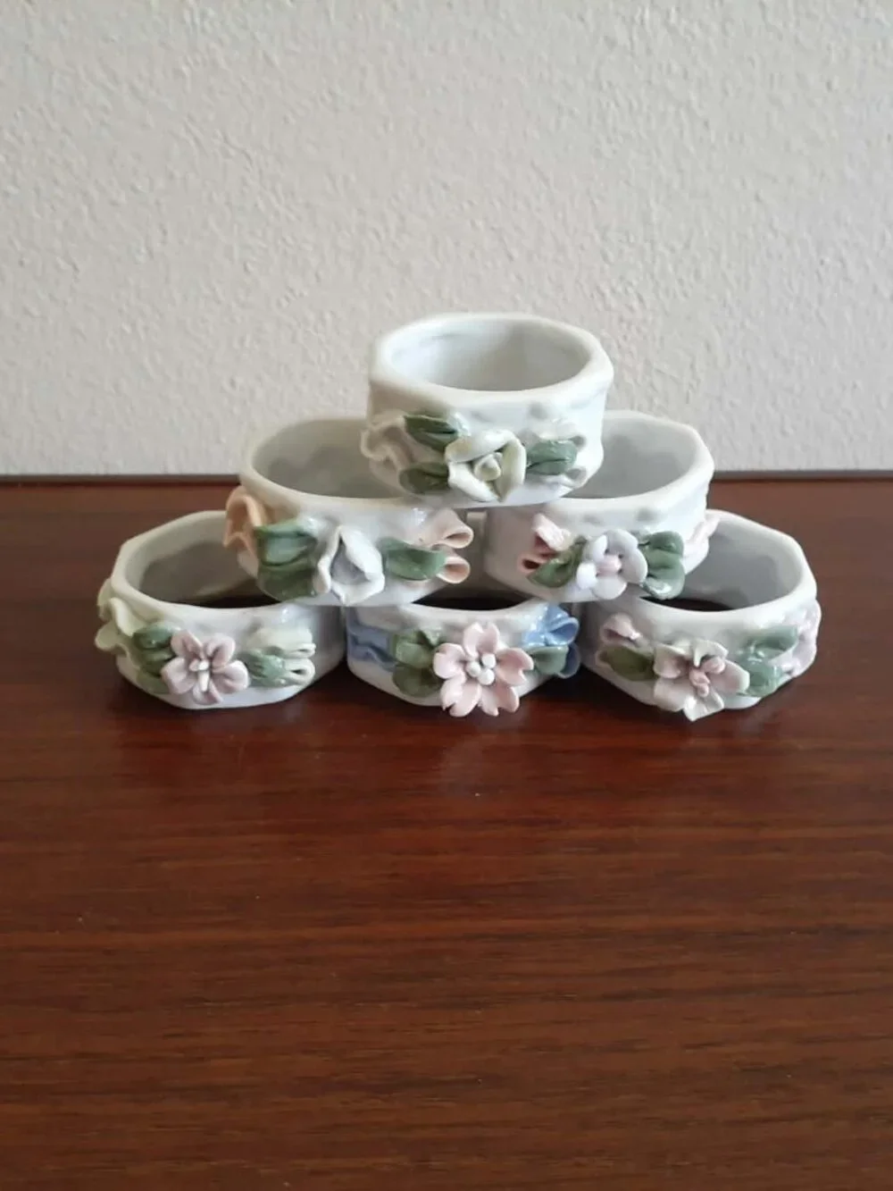 Vintage Porcelain Floral Cottage Core Napkin Rings Set of 6